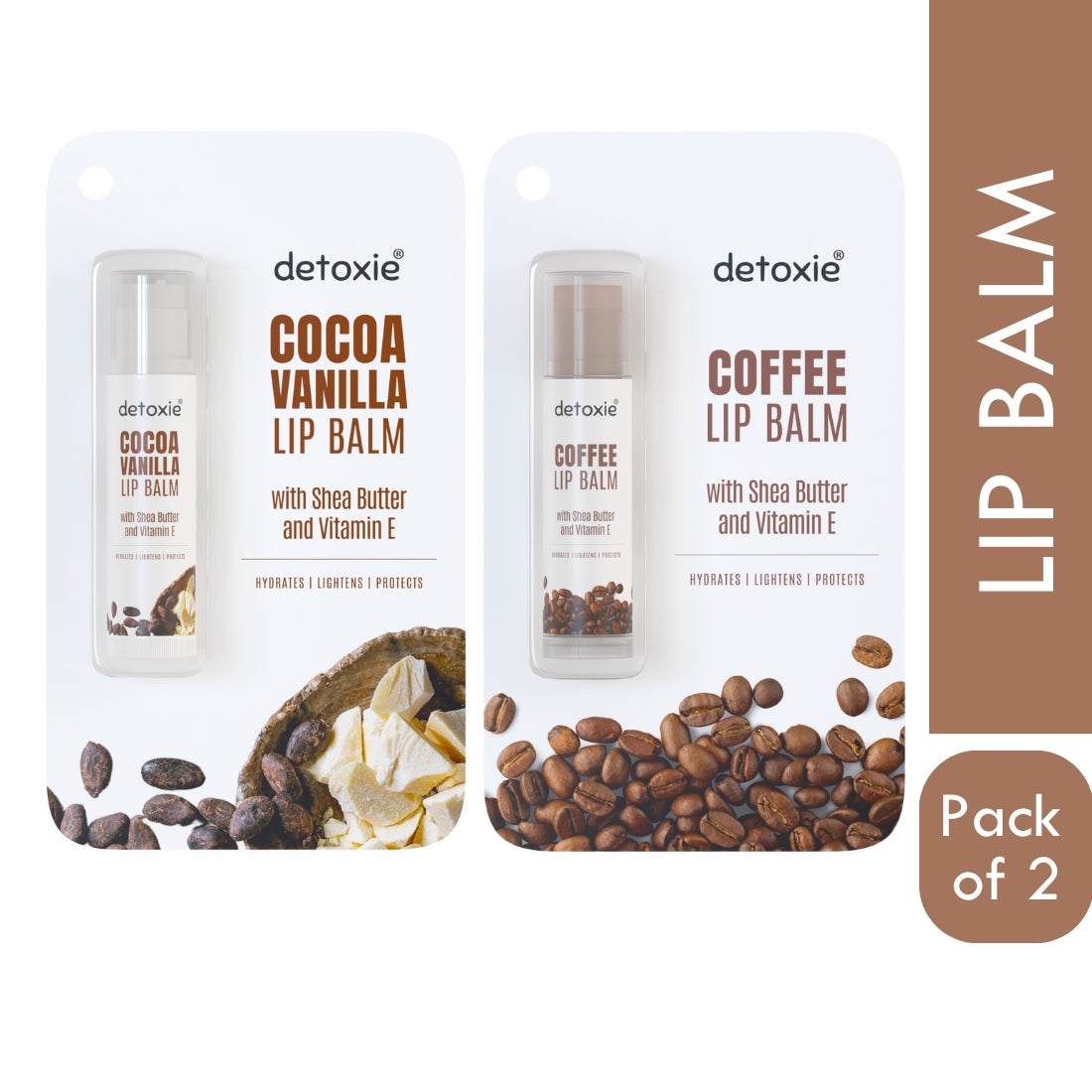 Detoxie Pack of 2 Coffee & Cocoa Vanilla Lip Balm Combo- 4.5g each