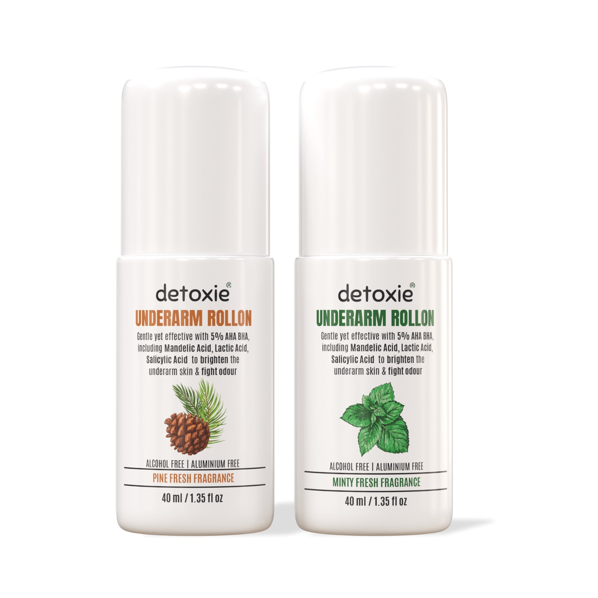 5% AHA BHA Underarm Lightening Deo Roll On - Pack of 2 | Men & Women |  40 ml Each, Pine Fresh & Minty Fragrance