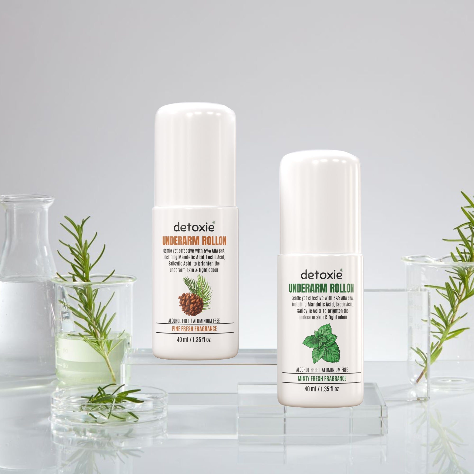 5% AHA BHA Underarm Lightening Deo Roll On - Pack of 2 | Men & Women |  40 ml Each, Pine Fresh & Minty Fragrance