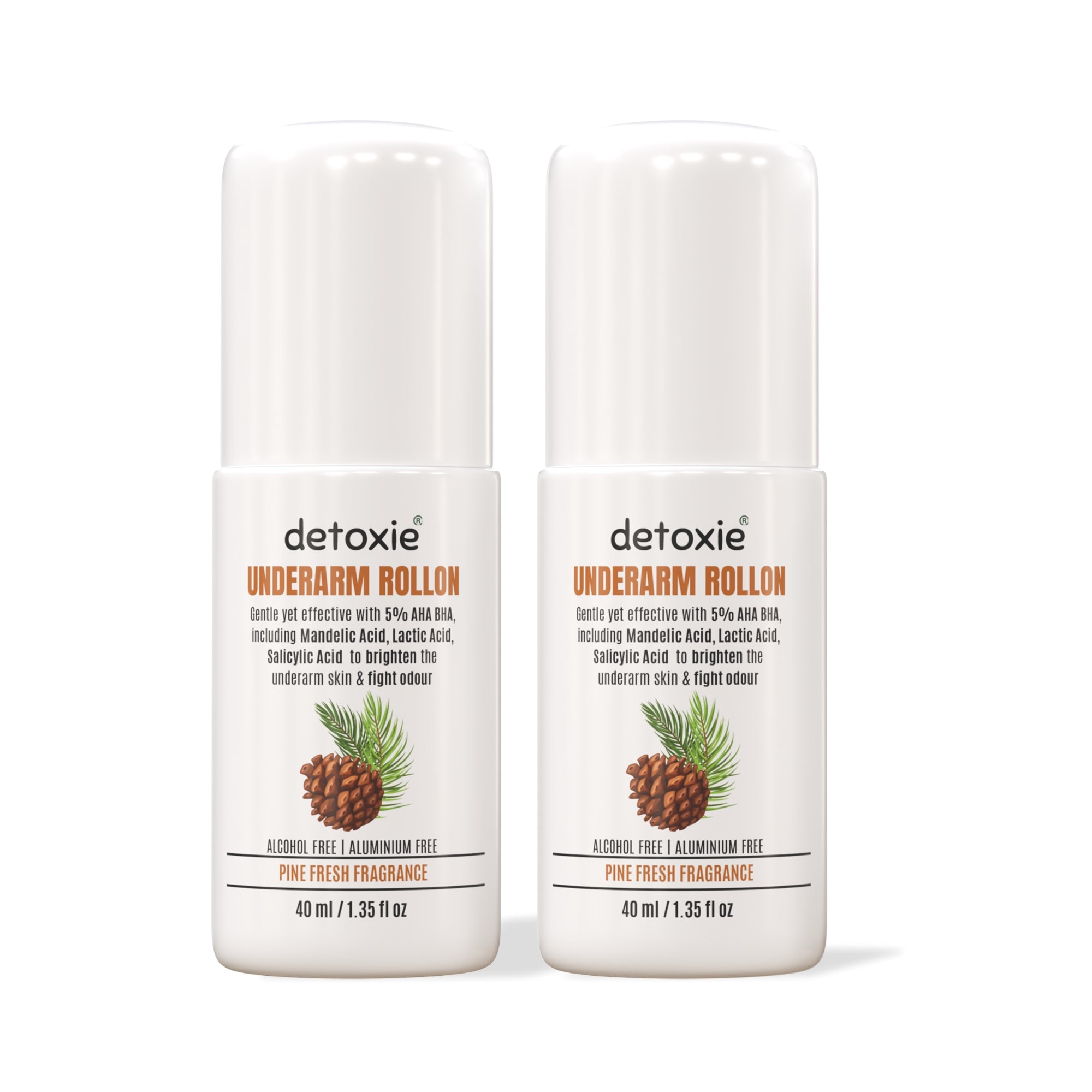 5% AHA BHA Underarm Lightening Deo Roll On - Pack of 2 | Men & Women |  40 ml Each, Pine Fresh Fragrance