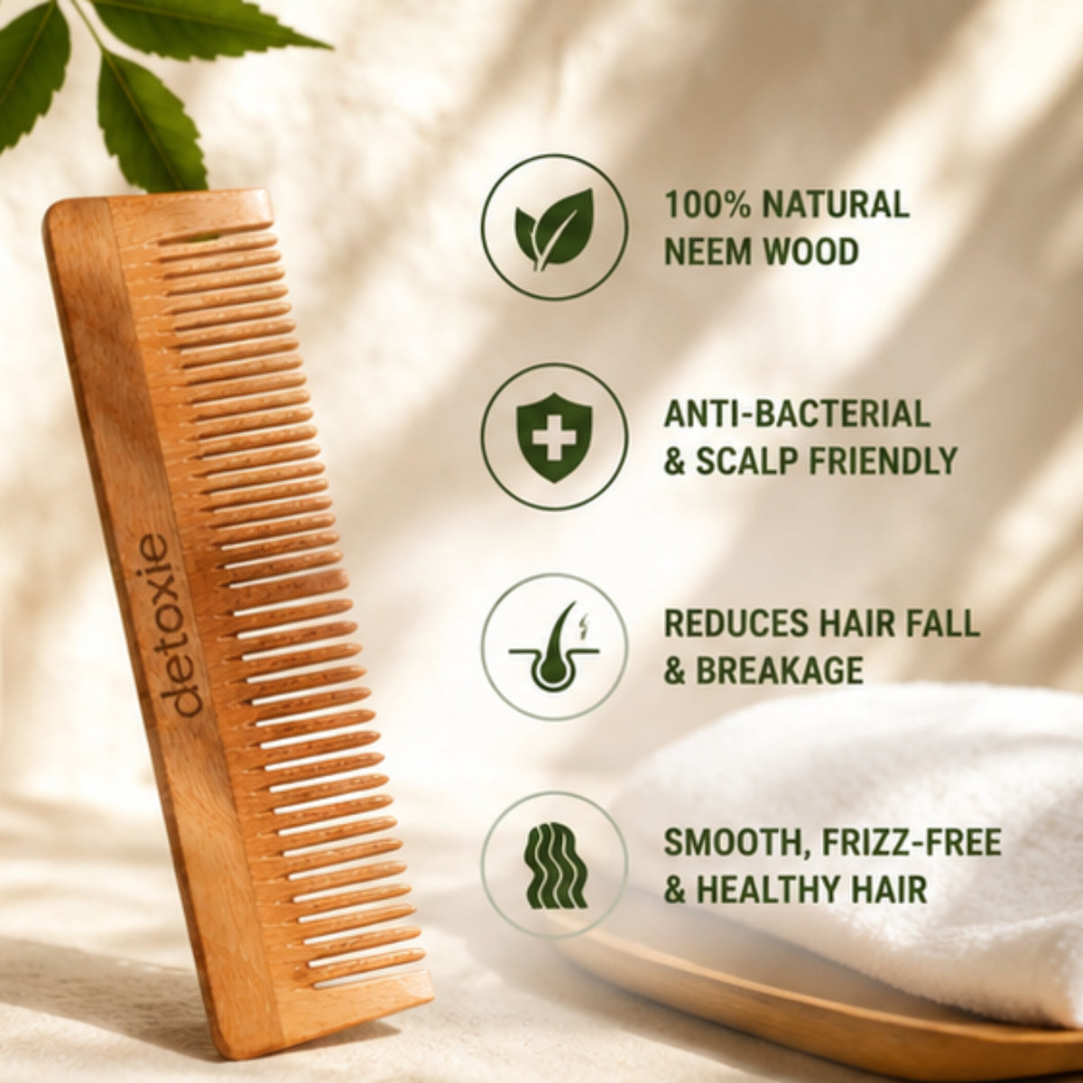 Neem Lilly Wooden Comb For Men & Women | Detangling, Frizz Control, Shine & Styling | 1 Piece | For All Hair Types