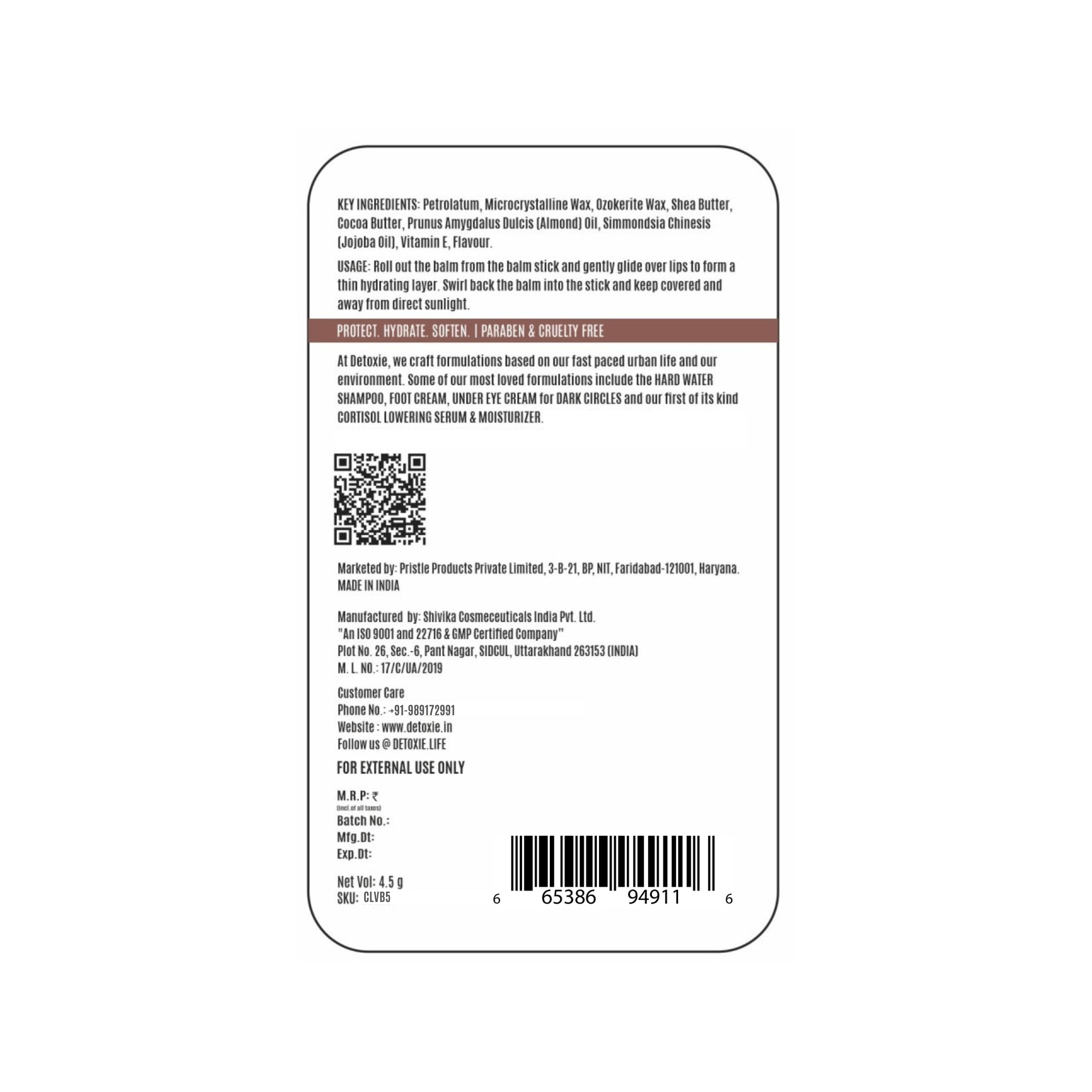 Detoxie Pack of 2 Cocoa Vanilla Lip Balm Combo- 4.5g each